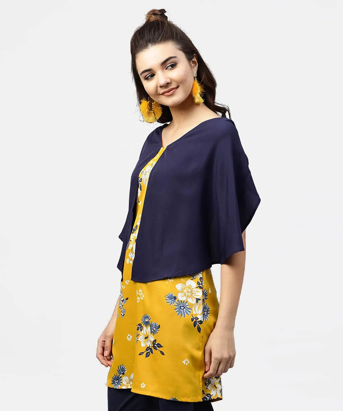 Yellow Printed Tunic With Attached Cape Sleeves And V-Neck