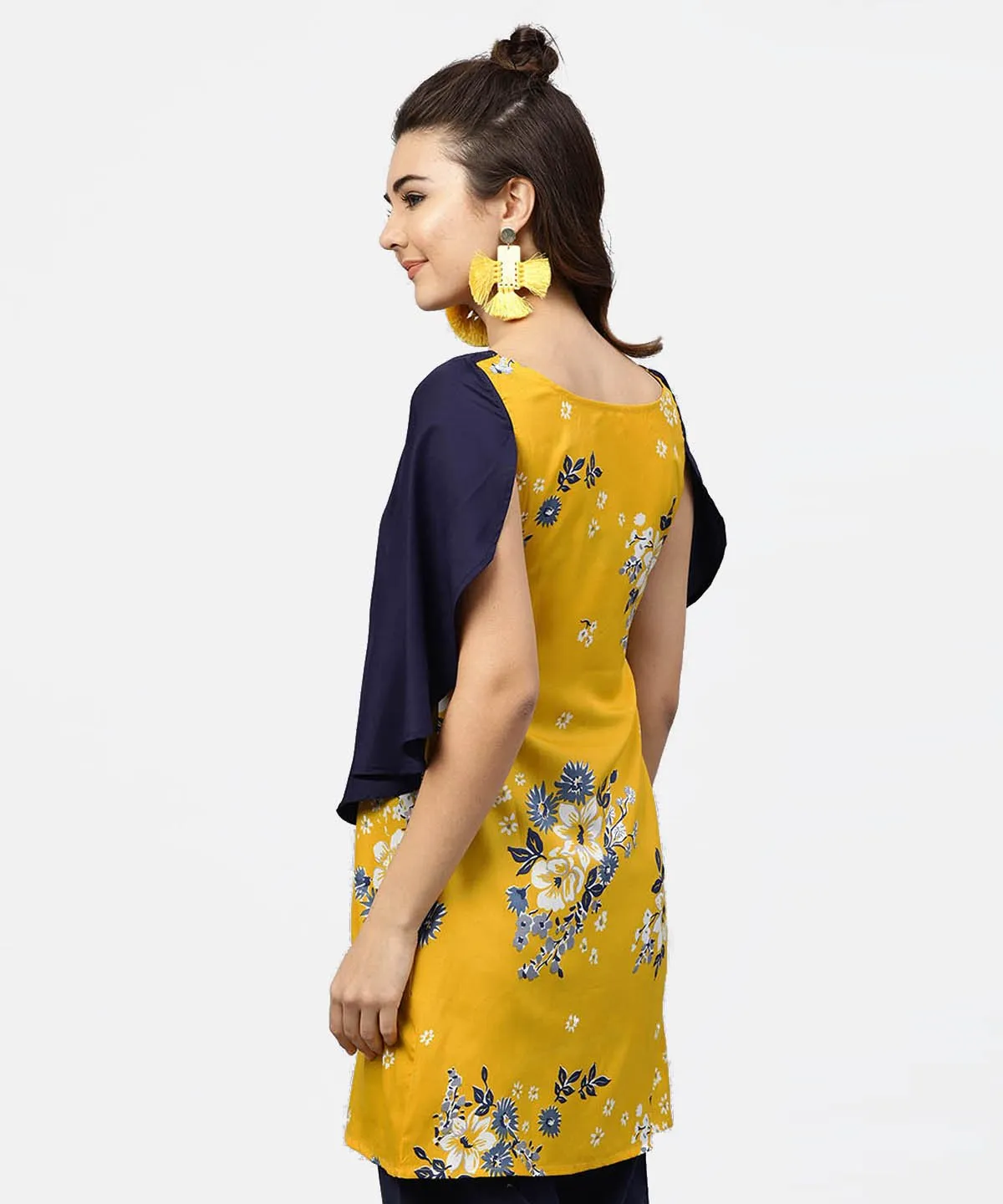 Yellow Printed Tunic With Attached Cape Sleeves And V-Neck