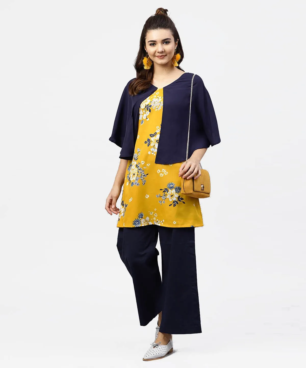 Yellow Printed Tunic With Attached Cape Sleeves And V-Neck