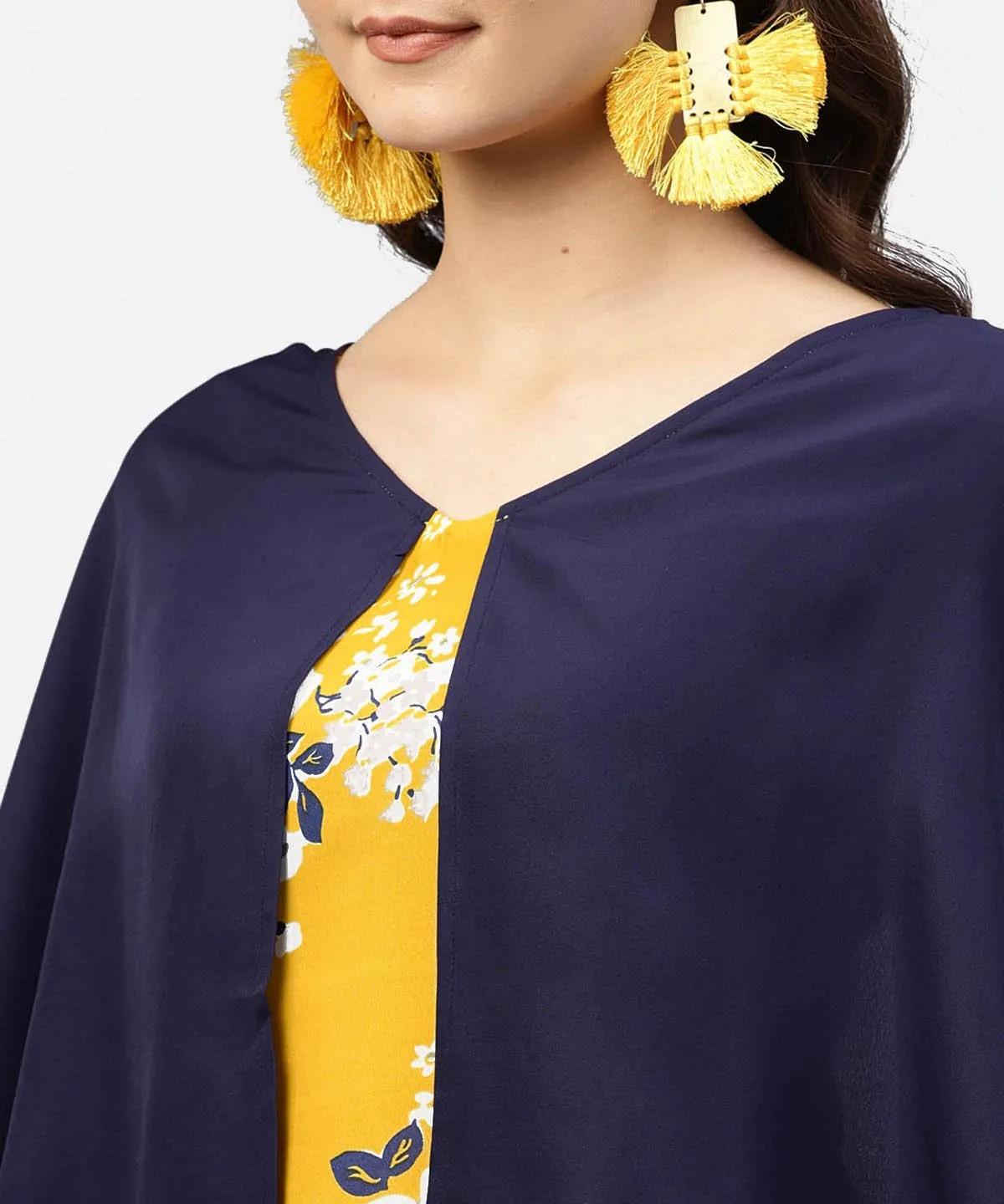 Yellow Printed Tunic With Attached Cape Sleeves And V-Neck