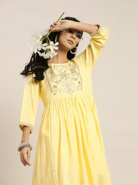 Yellow Zari Bodice Embroidery Gathered Dress