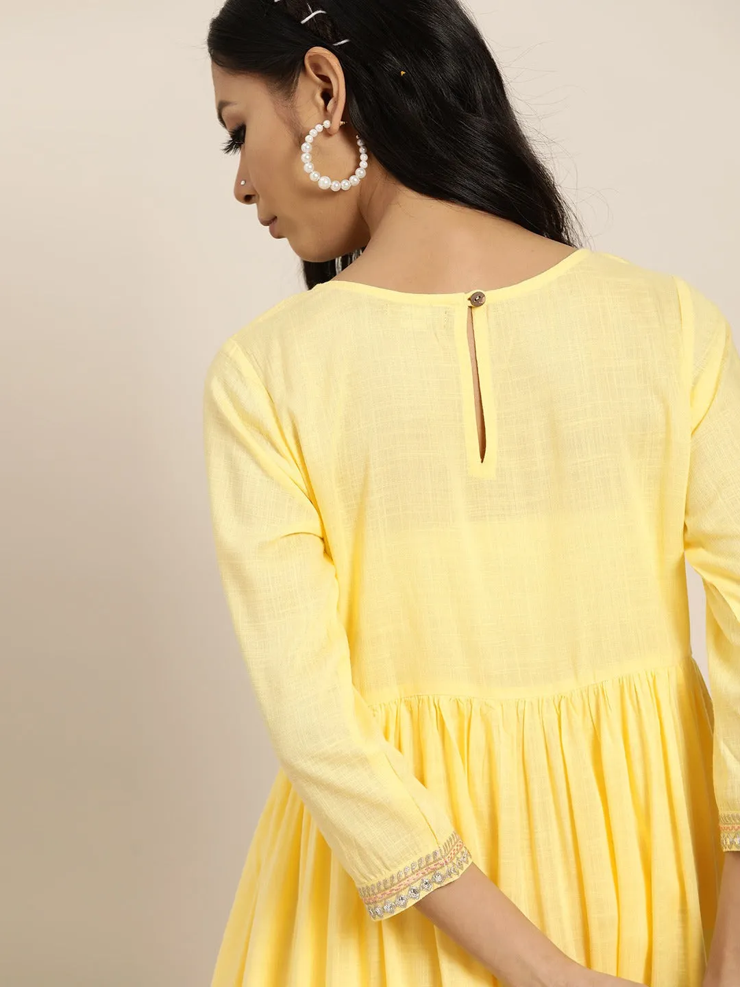 Yellow Zari Bodice Embroidery Gathered Dress