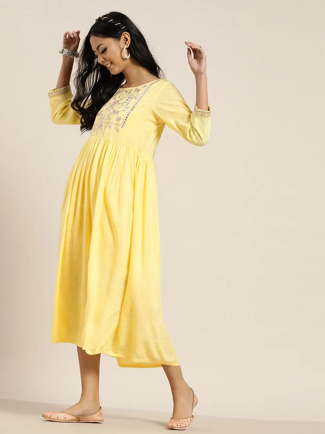 Yellow Zari Bodice Embroidery Gathered Dress