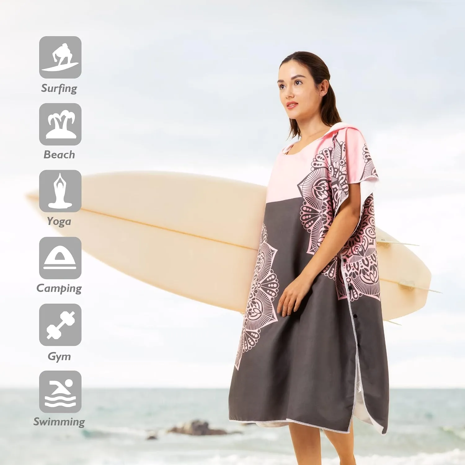 Zingtto Surf Poncho Changing Robe with Hood. Beach Poncho for Men and Women. L/S Beach Towel Wetsuit Quick-Dry