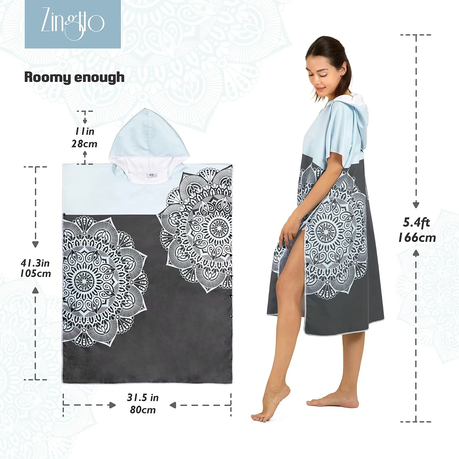 Zingtto Surf Poncho Changing Robe with Hood. Beach Poncho for Men and Women. L/S Beach Towel Wetsuit Quick-Dry