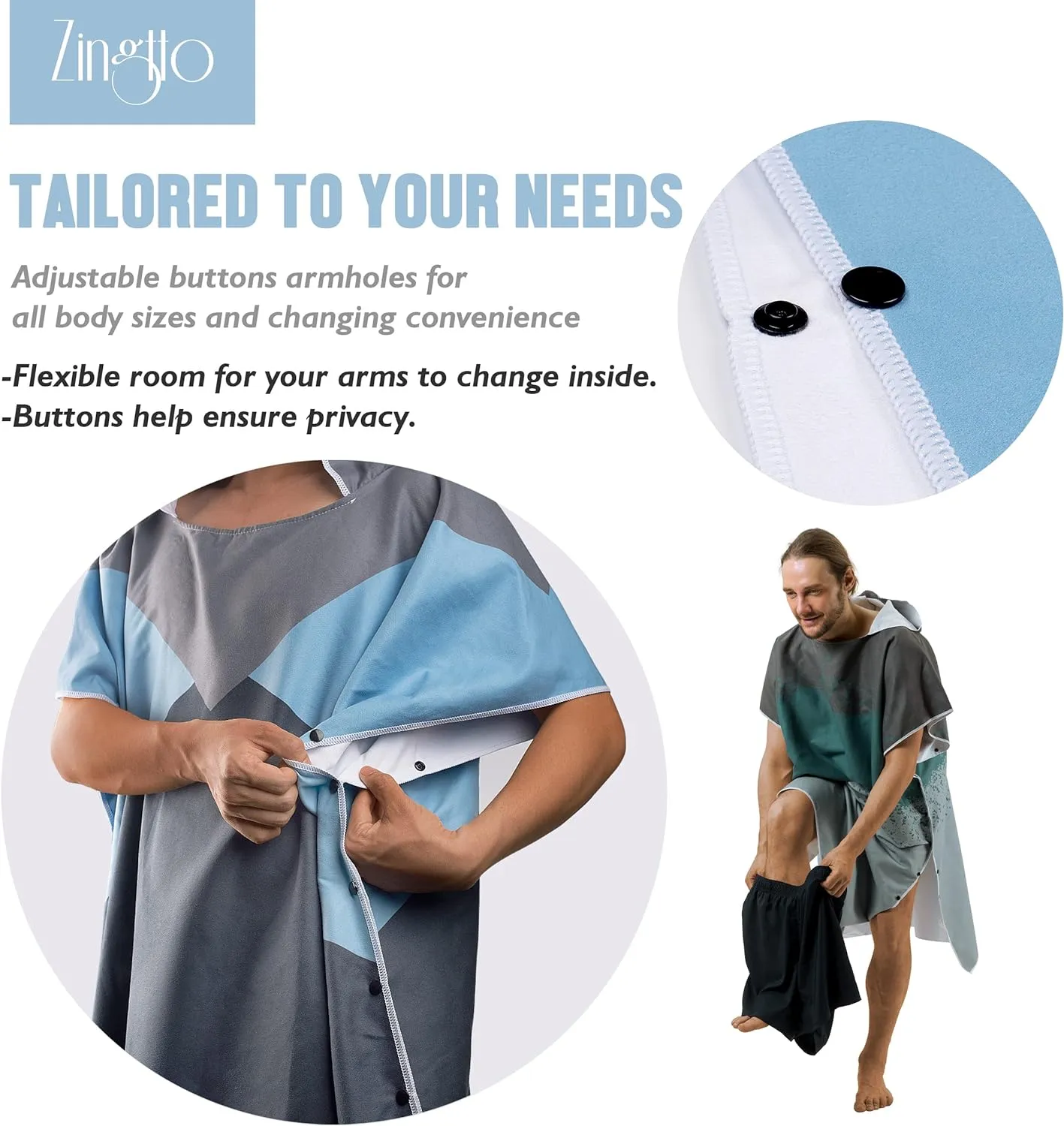 Zingtto Surf Poncho Changing Robe with Hood. Beach Poncho for Men and Women. L/S Beach Towel Wetsuit Quick-Dry