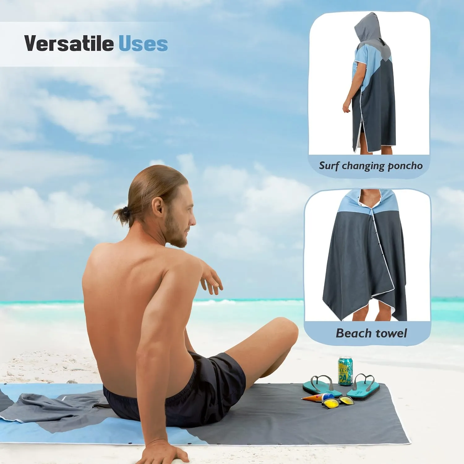 Zingtto Surf Poncho Changing Robe with Hood. Beach Poncho for Men and Women. L/S Beach Towel Wetsuit Quick-Dry