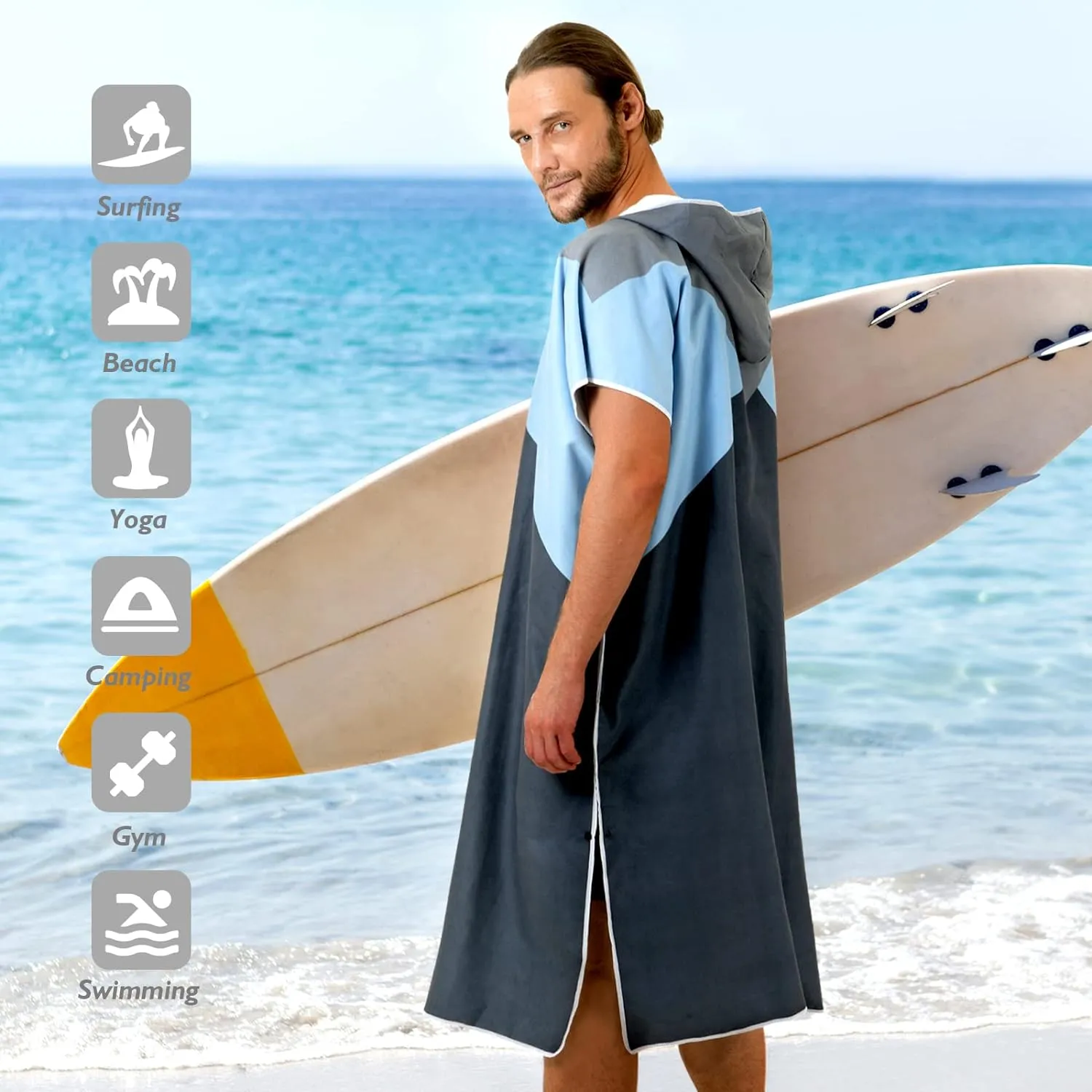 Zingtto Surf Poncho Changing Robe with Hood. Beach Poncho for Men and Women. L/S Beach Towel Wetsuit Quick-Dry