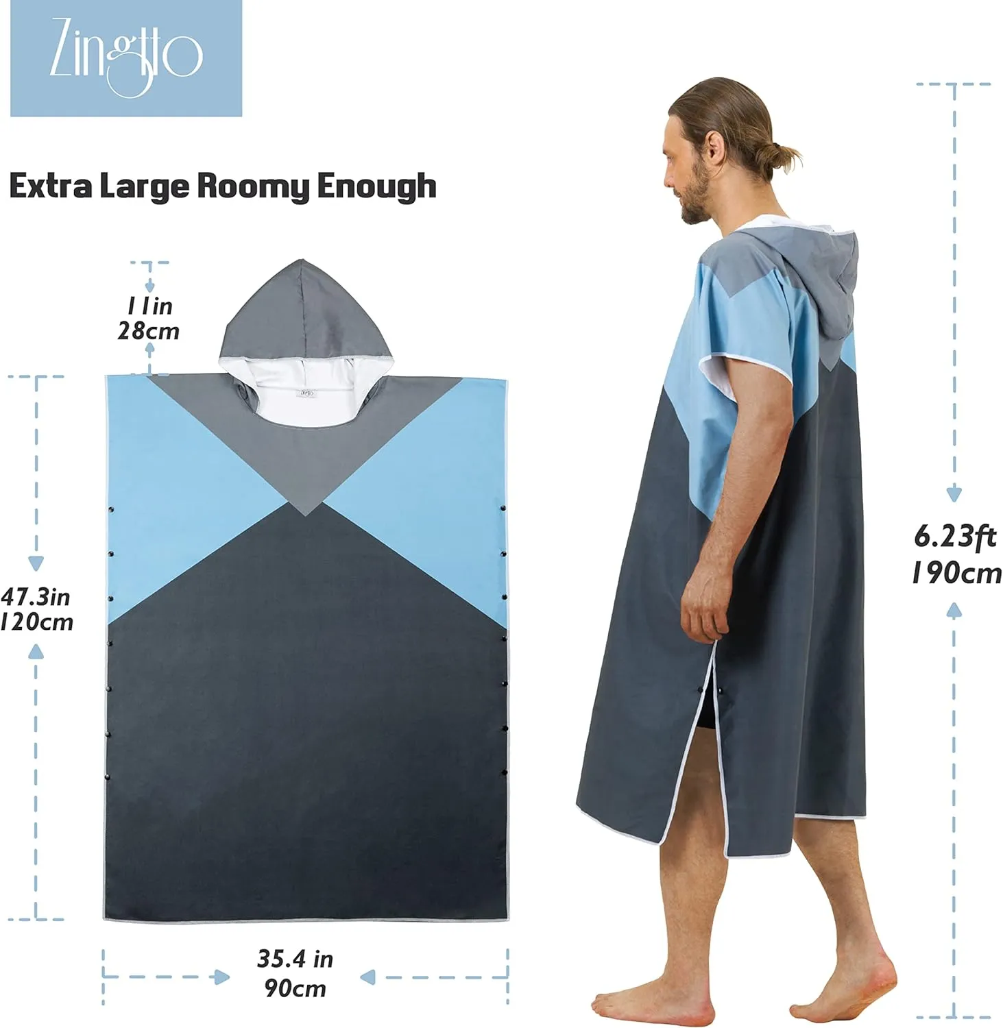 Zingtto Surf Poncho Changing Robe with Hood. Beach Poncho for Men and Women. L/S Beach Towel Wetsuit Quick-Dry