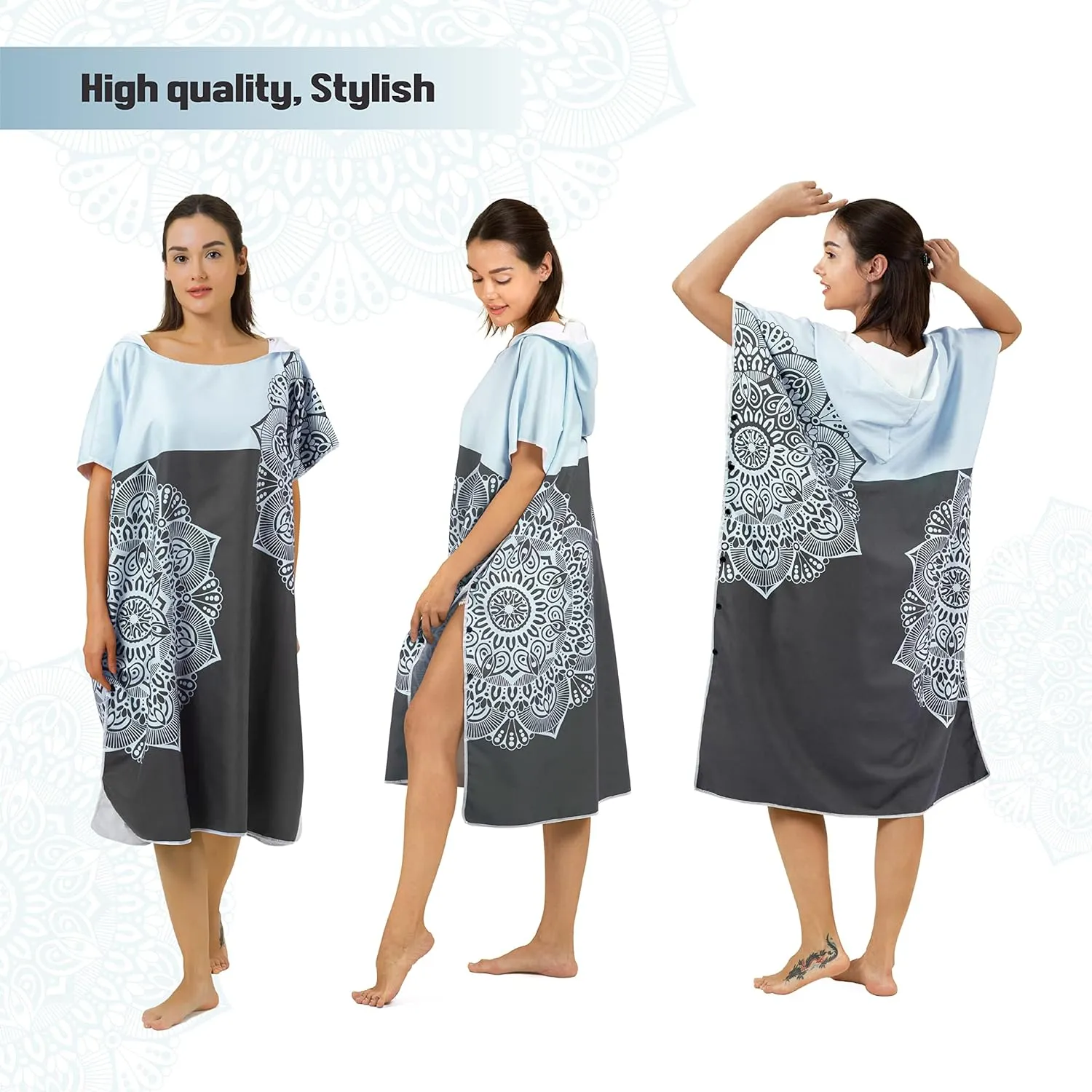 Zingtto Surf Poncho Changing Robe with Hood. Beach Poncho for Men and Women. L/S Beach Towel Wetsuit Quick-Dry